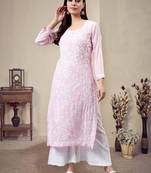 hand embroidered pink modal lucknowi chikan kurta