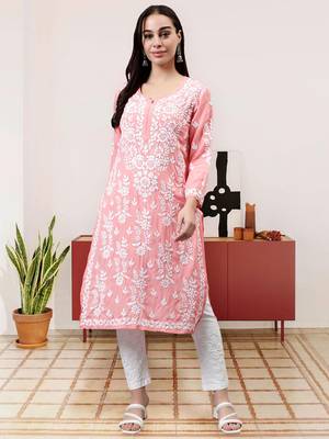 hand embroidered peach modal lucknowi chikan kurta 1