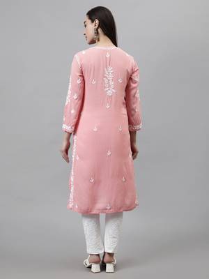 hand embroidered peach modal lucknowi chikan kurta 2