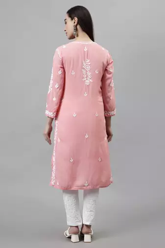 hand embroidered peach modal lucknowi chikan kurta
