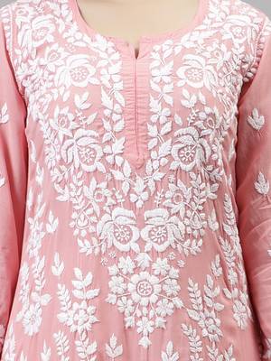 hand embroidered peach modal lucknowi chikan kurta 3