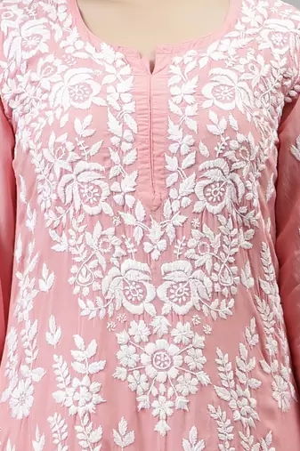hand embroidered peach modal lucknowi chikan kurta