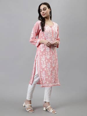 hand embroidered peach modal lucknowi chikan kurta 4