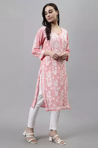 hand embroidered peach modal lucknowi chikan kurta