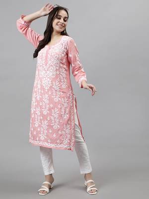 hand embroidered peach modal lucknowi chikan kurta 5