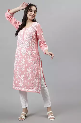 hand embroidered peach modal lucknowi chikan kurta