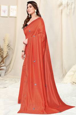 Orange art silk ribbon work/ston work stone work border saree with unstitched blouse piece 3