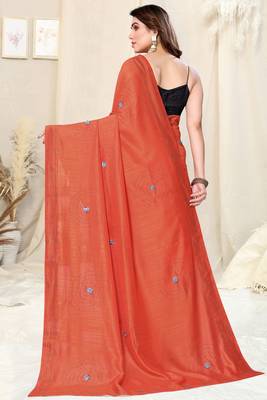 Orange art silk ribbon work/ston work stone work border saree with unstitched blouse piece 4