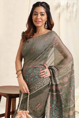Grey Cotton Block Print/Self Print Saree With Unstitched Blouse Piece 1