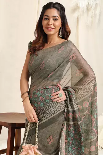 Grey Cotton Block Print/Self Print Saree With Unstitched Blouse Piece