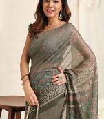 Grey Cotton Block Print/Self Print Saree With Unstitched Blouse Piece