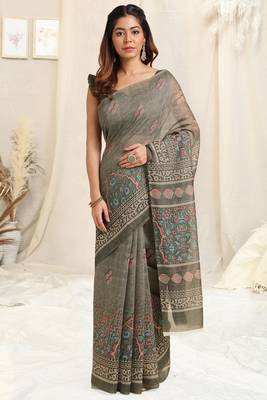 Grey Cotton Block Print/Self Print Saree With Unstitched Blouse Piece 2