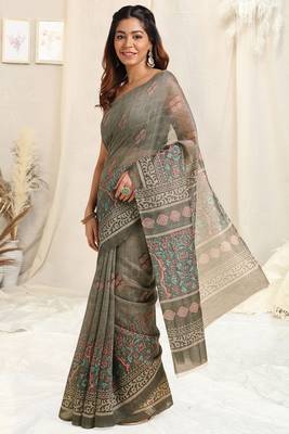 Grey Cotton Block Print/Self Print Saree With Unstitched Blouse Piece 3