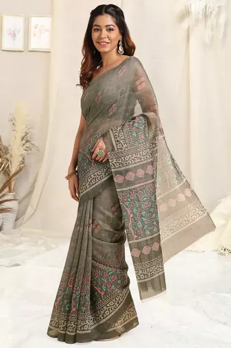 Grey Cotton Block Print/Self Print Saree With Unstitched Blouse Piece