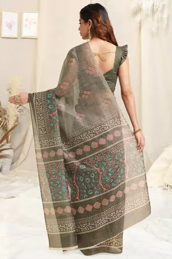 Grey Cotton Block Print/Self Print Saree With Unstitched Blouse Piece