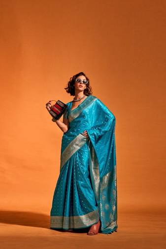 Sky Blue Satin Silk Zari Weaving Rich Pallu Designer Saree With Blouse For Women 