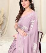 Light Purple Pink Chiffon Block Print Saree With Unstitched Blouse Piece