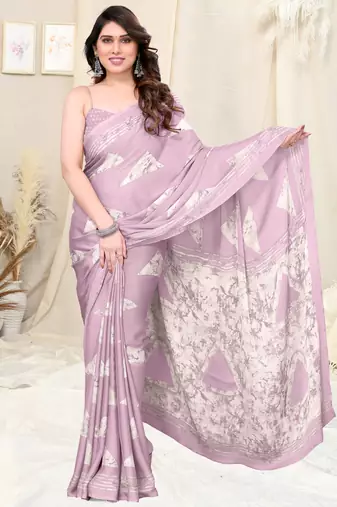 Light Purple Pink Chiffon Block Print Saree With Unstitched Blouse Piece