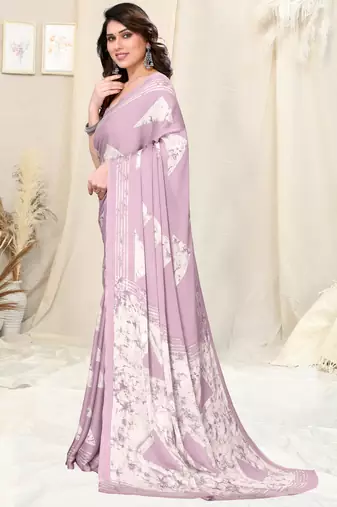 Light Purple Pink Chiffon Block Print Saree With Unstitched Blouse Piece