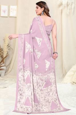 Light Purple Pink Chiffon Block Print Saree With Unstitched Blouse Piece 4