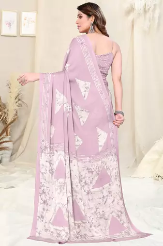 Light Purple Pink Chiffon Block Print Saree With Unstitched Blouse Piece