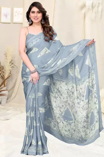 Grey Chiffon Block Print Saree With Unstitched Blouse Piece