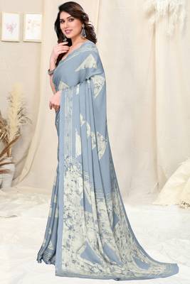 Grey Chiffon Block Print Saree With Unstitched Blouse Piece 3