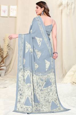 Grey Chiffon Block Print Saree With Unstitched Blouse Piece 4