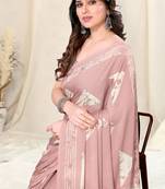 Light Dusty Pink Chiffon Block Print Saree With Unstitched Blouse Piece