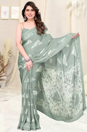 Pastel teal chiffon block print saree with unstitched blouse piece
