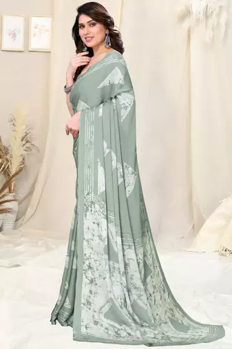 Pastel teal chiffon block print saree with unstitched blouse piece