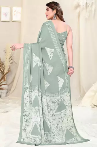 Pastel teal chiffon block print saree with unstitched blouse piece