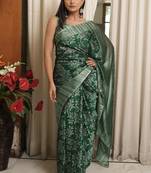 Green Chiffon Floral Print Saree With Unstitched Blouse Piece
