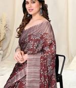 Maroon Chiffon Floral Print Saree With Unstitched Blouse Piece