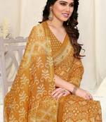 Mustard cotton ikkat print golden zari border saree with unstitched blouse piece