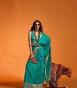 Teal Satin Silk Zari Weaving Rich Pallu Designer Saree With Blouse For Women 