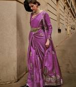 Purple Banarasi Style Satin Silk Handloom Weaving Tassel Saree And Floral Plant Motif With Blouse