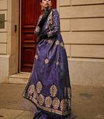 Blue Banarasi Style Satin Silk Handloom Weaving Tassel Saree And Floral Plant Motif With Blouse