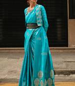 Teal Banarasi Style Satin Silk Handloom Weaving Tassel Saree And Floral Plant Motif With Blouse