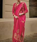 Pink Banarasi Style Satin Silk Handloom Weaving Tassel Saree And Floral Plant Motif With Blouse
