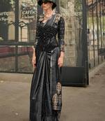 Black Banarasi Style Satin Silk Handloom Weaving Tassel Saree And Floral Plant Motif With Blouse