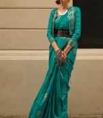 Sea Green Banarasi Style Satin Silk Handloom Weaving Tassel Saree And Floral Plant Motif With Blouse
