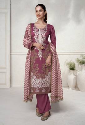 Dark mauve color embroidered premium silk stitched designer suit 1