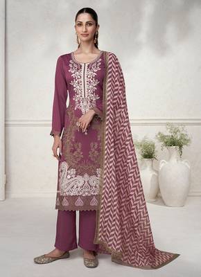 Dark mauve color embroidered premium silk stitched designer suit 2