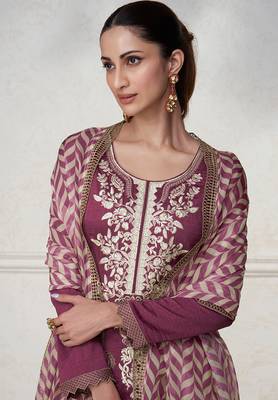 Dark mauve color embroidered premium silk stitched designer suit 4