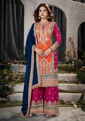 Orange & magenta color silk blend embroidered palazzo dress 1