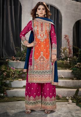 Orange & magenta color silk blend embroidered palazzo dress 2