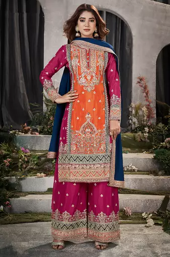 Orange & magenta color silk blend embroidered palazzo dress