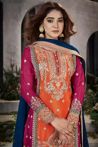 Orange & magenta color silk blend embroidered palazzo dress