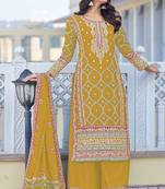 Mustard color embroidered chinon silk Blend semi stitched designer suit